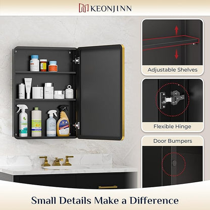 Keonjinn 20 x 32 Inch Gold Mirrored Medicine Cabinet, Recessed Medicine Cabinets for Bathroom, Dim Brushed Brass Stainless Steel Framed, Adjustable Shelves, in Wall or Surface Mount, Sturdy & Heavy