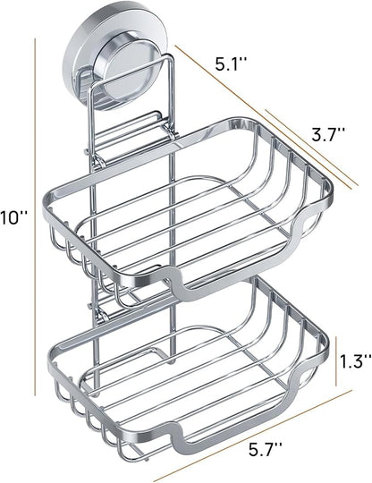 LEVERLOC 2 Tier Soap Holder, Soap Bar Dish for Shower Wall Mounted, Stainless Steel Suction Cup Sponge Holder for Bathroom Bathtub Kitchen Sink, Waterproof, Removable, Keep Dry, Silver