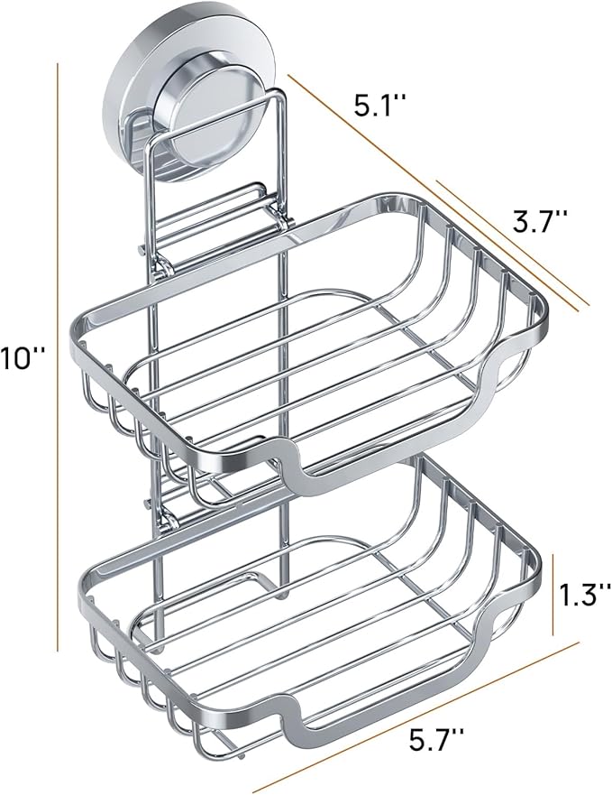 LEVERLOC Soap Holder, Soap Bar Dish for Shower Suction Cup Wall Mounted, Stainless Steel Double Layer Sponge Holder for Bathroom Bathtub Kitchen Sink, Removable Waterproof, Keep Dry, Silver