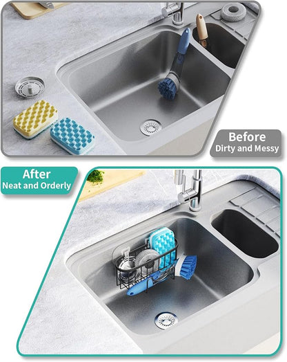 HapiRm Kitchen Sponge Holder for Sink - 2 Installation Methods Kitchen Sink Caddy Organizer with Unique M-Shaped, Rustproof Stainless Steel Sponge Caddy - Black（Large）