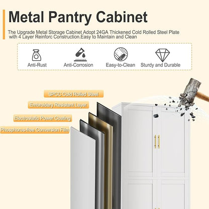 75" Tall Metal Kitchen Pantry Storage Cabinet, Freestanding Cupboard with 4 Doors and 4 Adjustable Shelves, Standing Storage for Kitchen, Bathroom, Garage, Dinning Room or Utility Room（White）