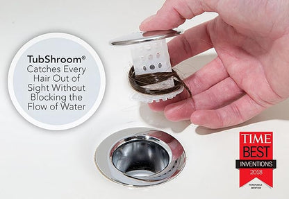 TubShroom Tub Drain Hair Catcher, Chrome – for Bathroom Drains, Fits 1.5” – 1.75” Bathtub and Shower Drains, White