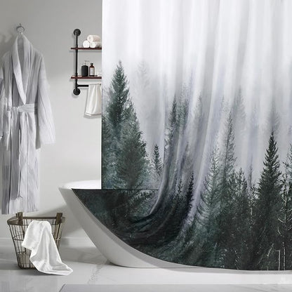 ORTIGIA Dark Green Misty Forest Shower Curtain for Bathroom, Nature Woodland Shower Curtain Set with Hooks, Decorative Pine Tree Fog Magic Bath Curtain for Home, Waterproof Fabric, Weighted, 72x72