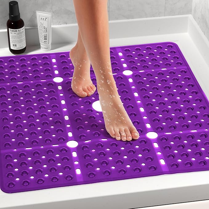 Large Clear Purple Square Shower Mat Non Slip 27 x 27 Inch, Soft Bath Mat Tub Mat for Inside Shower Floor, Bathroom Shower Stall Mats With Big Suction Cup Drain Hole, Easy Washable, BPA-Free