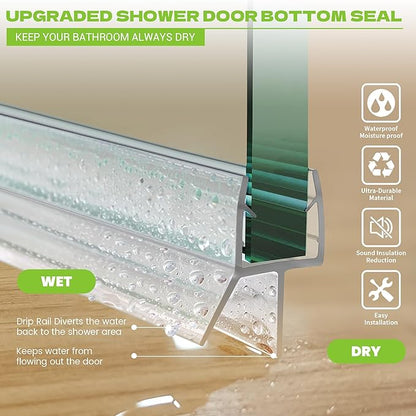 Shower Door Bottom Seal, 2-Pack PVC Strips with Sweep 36" Long, for 1/4"(6mm) Thick Framless Glass Door, to Stop Water Leakage