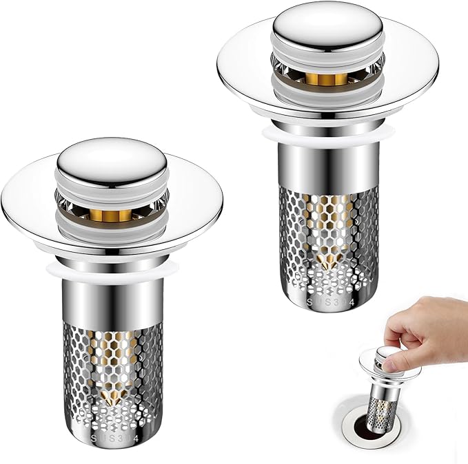 2PCS Bathroom Sink Stopper Hair Catcher Strainer, Pop Up Sink Drain Filter with Removable Stainless Steel Filter Basket Hair Catcher, for US Bathroom Sinks, Bathtubs, Showers, Floor Stopper