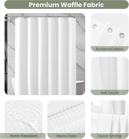 Inhousolu Fabric Shower Curtain Waffle Weave, 230 GSM Heavy Duty, Weighted Hem, 12 Metal Hooks, Water Repellent, Machine Washable, Hotel Spa Luxury Bath Curtain Set, 54 x 78 Inch, White