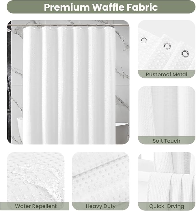 Inhousolu Fabric Shower Curtain Waffle Weave, 230 GSM Heavy Duty, Weighted Hem, 14 Metal Hooks, Water Repellent, Machine Washable, Hotel Spa Luxury Bath Curtain Set, 72 x 78 Inch, White