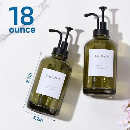 Glass Soap Dispenser with Pump, Dish and Hand Soap Dispenser for Kitchen Bathroom Set, Clear Glass Dispenser Set of 2 Pack with 18 Stickers Funnel Bamboo Tray 500ml 18oz Green
