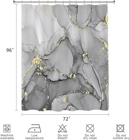 Extra Long Shower Curtain 72 x 96 Inch, Grey Floor to Ceiling X-Long Abstract Marble Shower Curtains for Bathroom, Modern Luxury Art Ink Fabric Shower Curtain Set with Hooks