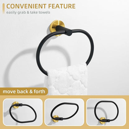 Angle Simple Towel Ring Swivel, Stainless Steel Bathroom Hand Towel Holder Rack Hanger for Wall, Black and Gold