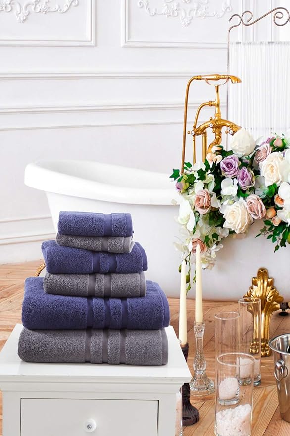 Veteran Textile LLC - 6 Pieces - Turkish Cotton - Luxury Towel Set for Bathroom & Kitchen, 2 Bath Towels, 2 Hand Towels & 2 WashCloths *Valued $79.99* (Black)