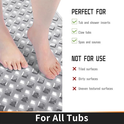 Yimobra Bathtub Mat Non Slip, Super Strong Suction Cups, 27.5"x15.5" Long Shower Mat with Drain Holes, Machine Washable Fast Draining Bath Mats, Bathroom Essentials,Clear Gray