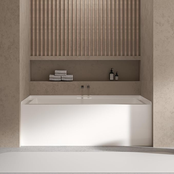 60 Inch Alcove Soaking Bathtub, Rectangular Acrylic Tub with Integral Apron, Left Drain, Glossy White Finish, Brushed Nickel Pop-Up Drain, Contemporary Recessed Bathtub for Bathroom Upgrade