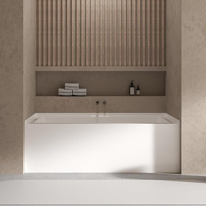 60 Inch Alcove Soaking Bathtub, Rectangular Acrylic Tub with Integral Apron, Left Drain, Glossy White Finish, Brushed Nickel Pop-Up Drain, Contemporary Recessed Bathtub for Bathroom Upgrade