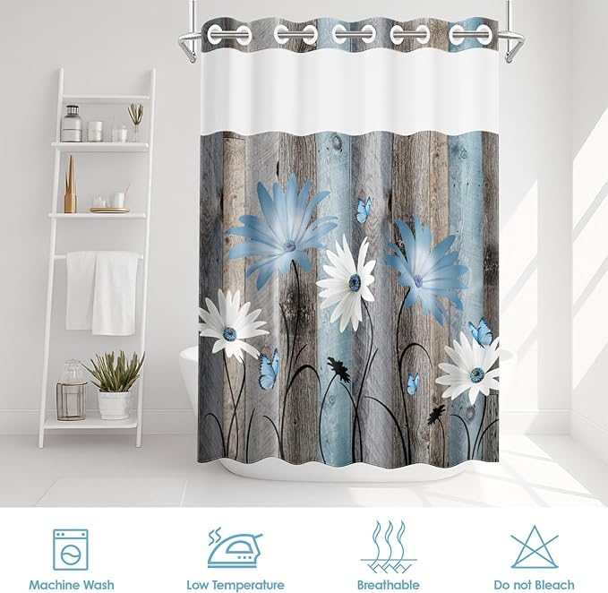 No Hook Rustic Farmhouse Shower Curtain with Snap in Fabric Liner Set, Blue Daisy Flowers and Butterfly on Wooden Double Layers Waterproof with See Through Top Bath Curtain 71x86 Inch