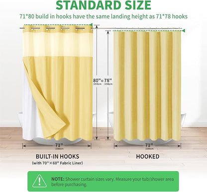 Long No Hooks Needed Linen Textured Shower Curtain with Snap-in Fabric Liner Set,Hotel Luxury Decor Shower Curtains for Bathroom,Waterproof & Washable,71Wx80H,Gold