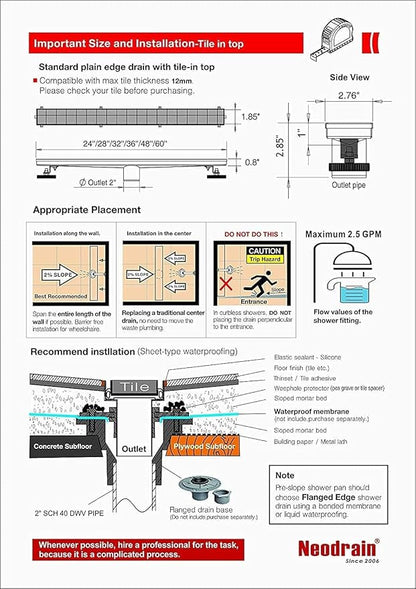 Neodrain 32-Inch Linear Shower Drain with Tile Insert Grate, Professional Brushed 304 Stainless Steel Rectangle Shower Floor Drain Manufacturer, Floor Shower Drain with Shower Drain Base