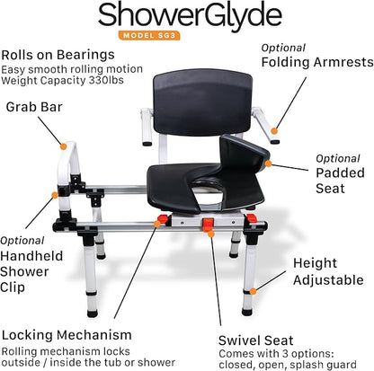 ShowerGlyde SG3 - FSA HSA Eligible | Sliding Transfer Bench for Tight Spaces, Swivel Seat, Grab Bar, and Height Adjustable - Ideal Sliding Shower Chair for Compact Bathrooms