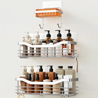 Orimade Shower Caddy Basket Shelf,3-Pack Adhesive Shower Organizer with Soap Dish Holder, No Drilling Wall Mounted Rustproof Stainless Steel Shower Shelves with 7 Hooks,for Bathroom