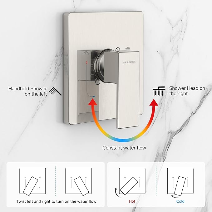 SR SUN RISE Shower Faucet Set & System - 10 Inch Rainfall Shower Head & Handle Set Wall Mounted Brushed Nickel Solid Brass Valve Trim Kit Included