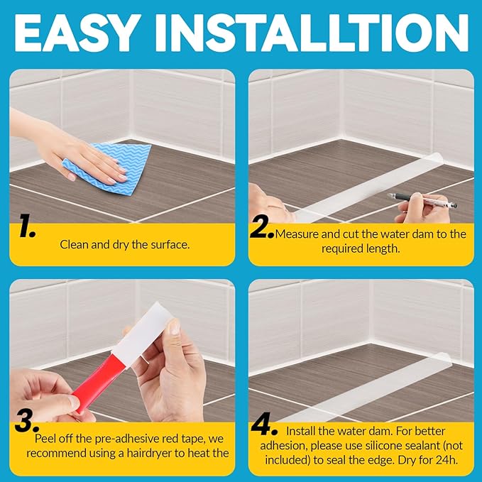 98'' Collapsible Shower Threshold Water Dam Shower Barrier Keeps Water Inside Threshold Dry and Wet Separation Retention System Suitable for Bathroom Kitchen Sink Bathtub