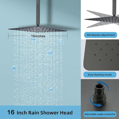 Digital Display Shower System Set 16 Inches Rain Fall Head Temperature Valve Shower Handheld Shower Head Sets for Bathroom Concealed Installation