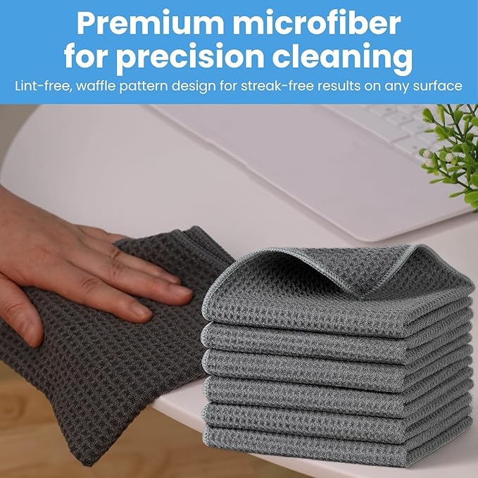 Waffle Weave Microfiber Cloths - 12 x 12 inches - Lint Free Cloth, Streak-Free Absorbent Microfiber Glasses Cleaning Cloth, Screens, Dusting & Appliances - 6 Pack Premium Cloth Wipes