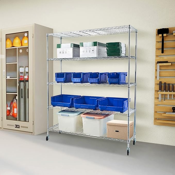 BNSPLY Commercial Wire Shelving Unit with Wheels, 5 Tier Adjustable Wire Shelves with NSF Certified, Heavy Duty Metal Storage Rack Shelf Unit for Kitchen, Garage (17.7" D x 59" W x 71" H, Chrome)