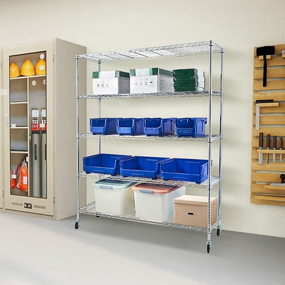 BNSPLY Commercial Wire Shelving Unit with Wheels, 5 Tier Adjustable Wire Shelves with NSF Certified, Heavy Duty Metal Storage Rack Shelf Unit for Kitchen, Garage (17.7" D x 59" W x 71" H, Chrome)