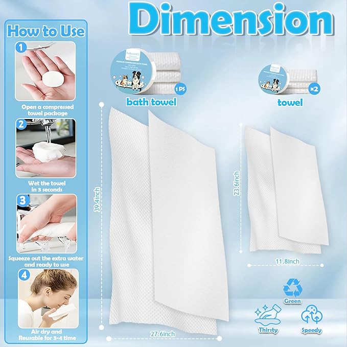 2025 New Dog Bath Brush with Built-in Shampoo Dispenser - 4-in-1 Pet Grooming Kit | Includes 20 Disposable Finger Wipes, 1 Compressed Bath Towel, 2 Body Wipe Compressed Tablets