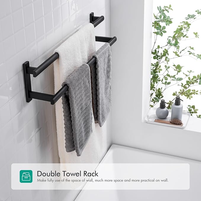 BAGNOLUX Double Towel Bar, SUS304 Towel Racks for Bathroom Wall Mounted 2-Tiers Ladder Towel Rails, Space Saving Bathroom Towel Holder Shelves Rack, Long Towel Hanger (24"-Square-Matte Black)