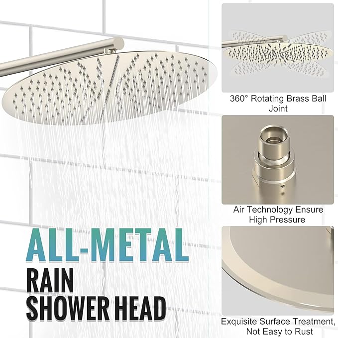 SR SUN RISE Shower Faucet - 16 Inch Multifunctional High Pressure Shower Head System with Handheld Shower Head Fixtures - Valve Included - Brushed Nickel