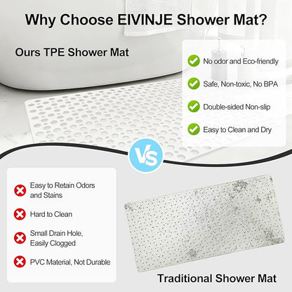 Non Slip Shower Mat with Suction Cups, 23.6x35.4 Inch Quick Drain TPE Anti Slip Shower Mats for Inside Shower, Large Bath Mat for Shower Soft on Feet, Easy to Dry&Cut Machine Washable