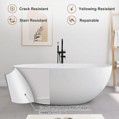 SJ STAR&JANE 61" Solid Surface Freestanding Bathtub, Oval Soaking Tub with Overflow and Pop-up Drain for Bathroom