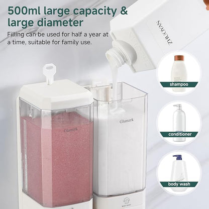 Shampoo and Conditioner Dispenser Wall Mounted No Drill, Shower Soap Dispenser 2 Chamber Shampoo Conditioner Body Wash Refillable 2 * 17oz Shower Soap Dispenser for Bathroom Hotel, White+Clear