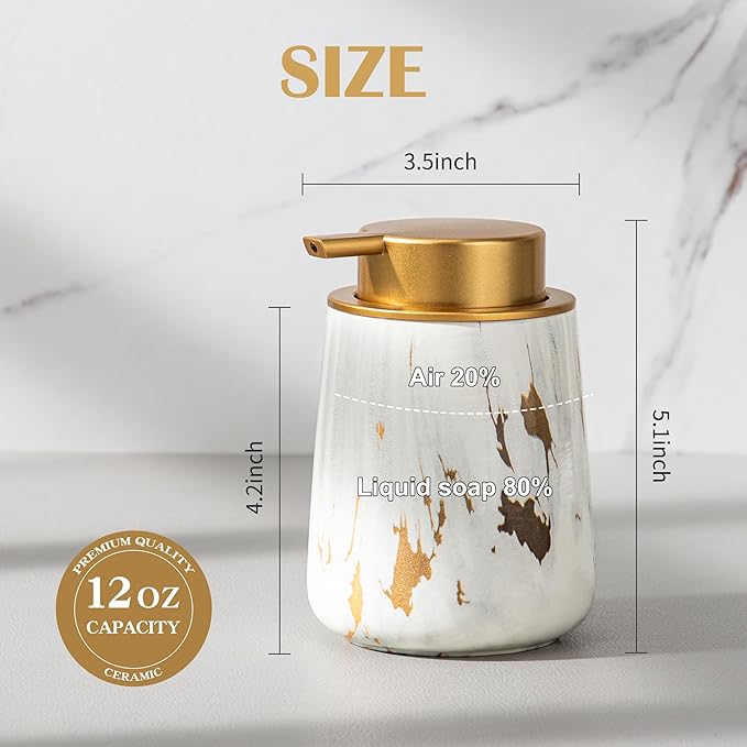 Enra Ceramic Gold Soap Dispenser,12 oz Marble Lotion Dispenser Bathroom Liquid Refillable Hand Soap Dispenser for Bathroom Kitchen with Easy-to-Press Pump (Glod Liquid Type)