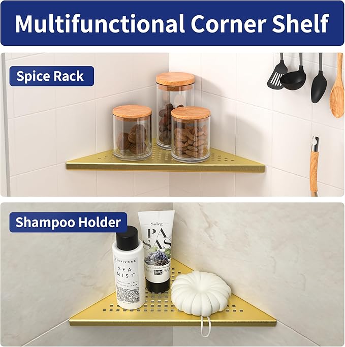 Corner Shower Shelves 10", Brushed Gold 304 Stainless Steel Recessed Bathroom Shelf, Grout in Shelf Rack for Tiled Wall, 2 Pack