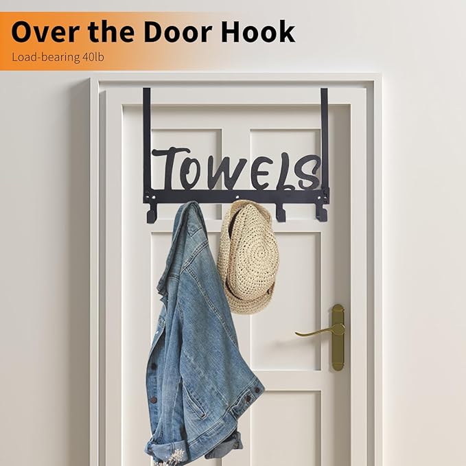 Over The Door Hook, Towel Holder Towel Hook for Bathroom, Towel Hanger Door Rack with 5 Coat Hooks, Over The Door Hanger Towel Rack for Bathroom, Bedroom Towels Coats(White)