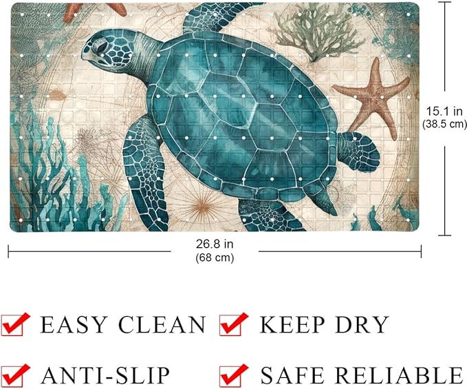 Bath Tub and Shower Mats, Non Slip Bathmat with Drain Holes and Suction Cups for Bathroom Floor, 15.1 x 26.8 Inch (Art Marine Sea Turtle Starfish Vintage Map)