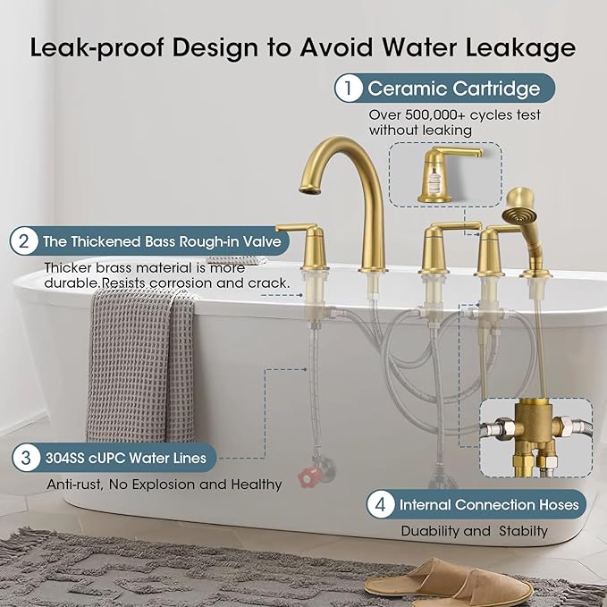 Roman Tub Faucet Set with Hand Shower, KRUZOO Bathtub Faucet Set Trim Kit with Rough-in Valve, Deck Mount Widespread 5 Hole Brass Tub Filler, KZ-9609BG, Brushed Gold