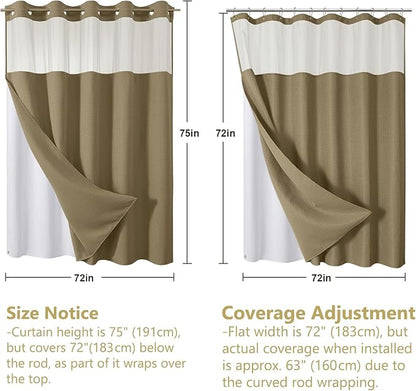 VANZAVANZU Hookless Shower Curtain with Mesh Top and Snap in Waterproof Liner, Waffle Weave, Weighted Magnets Hem, Machine Washable, 72 x 75 Inches – (Khaki)