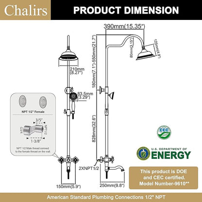 Exposed Shower System Brushed Gold,Antique Brass Shower Faucet Set with 8 Inches Rainfall Shower Head Vintage,Outdoor Shower Fixture with Foldable Tub Spout