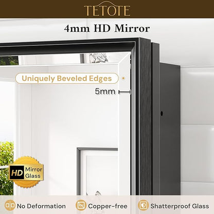 TETOTE 48" x 30" Medicine Cabinet Black Bathroom Mirror with Storage Beveled Aluminum Frame Stepless Adjustable Shelves, Wall-Mounted or Recessed