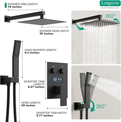 Push Button Diverter Shower Faucet Set, Hydro Power Temperature Display, Shower System 10 Inch Shower Head with Handheld Spray, Wall Mounted Shower Fixtures with Shower Valve and Trim Kit, Matte Black