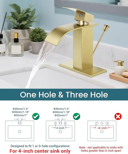 Bathroom Faucets with Lift Rod Drain Brushed Gold Waterfall Bathroom Sink Faucet Modern Single Handle Bathroom Faucet for 1 or 3 Hole Mxier Tap Washbasin Faucet with Deck