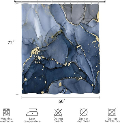 Navy Blue Marble Shower Curtain 60x72, Dark Blue Modern Abstract Fabric Shower Curtains for Bathroom, Luxury Art Ink Texture Watercolor Cloth Shower Curtain Set with Hooks