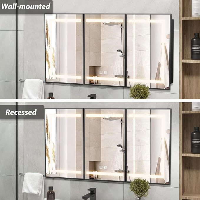APRILSOUL 48X32 Inch Black Bathroom Medicine Cabinet with Mirror, Recessed or Surface Lighted Medicine Cabinet with 3 Colors Temperature, Dimmable Light