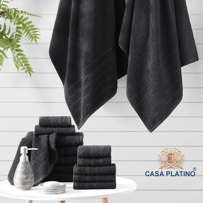 Casa Platino 100% Cotton Bathroom Towels Set - 24 Pcs - Ring Spun, Quick Dry, Soft & Absorbent - 2 Bath Sheets, 2 Gym, 2 Bath, 4 Fingertip, 6 Hand Towels, 8 Washcloths - Pre Shrunk - Black Towel Set