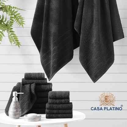 Casa Platino 100% Cotton Bathroom Towels Set - 24 Pcs - Ring Spun, Quick Dry, Soft & Absorbent - 2 Bath Sheets, 2 Gym, 2 Bath, 4 Fingertip, 6 Hand Towels, 8 Washcloths - Pre Shrunk - Black Towel Set